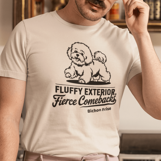 "Unisex white t-shirt featuring a black sketch of a Bichon Frise and the sarcastic quote 'Fluffy Exterior, Fierce Comebacks' – perfect for dog lovers with attitude. Stylish black dog design for pet owners and Bichon fans."