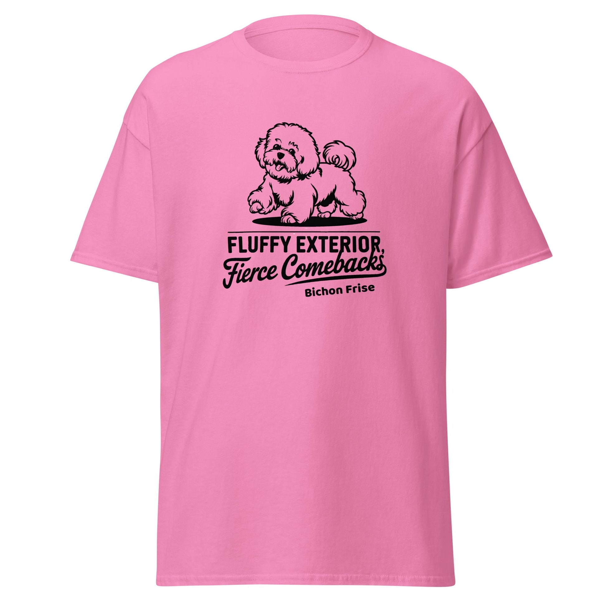 "Unisex white t-shirt featuring a black sketch of a Bichon Frise and the sarcastic quote 'Fluffy Exterior, Fierce Comebacks' – perfect for dog lovers with attitude. Stylish black dog design for pet owners and Bichon fans."