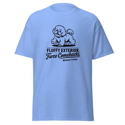 "Unisex white t-shirt featuring a black sketch of a Bichon Frise and the sarcastic quote 'Fluffy Exterior, Fierce Comebacks' – perfect for dog lovers with attitude. Stylish black dog design for pet owners and Bichon fans."