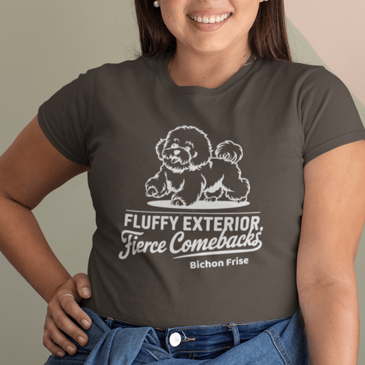 "Unisex white T-shirt with a cute Bichon Frise dog illustration and sarcastic white text 'Fluffy Exterior, Fierce Comebacks'. Unique dog-themed design perfect for Bichon owners and dog lovers. Stylish and witty casual wear."