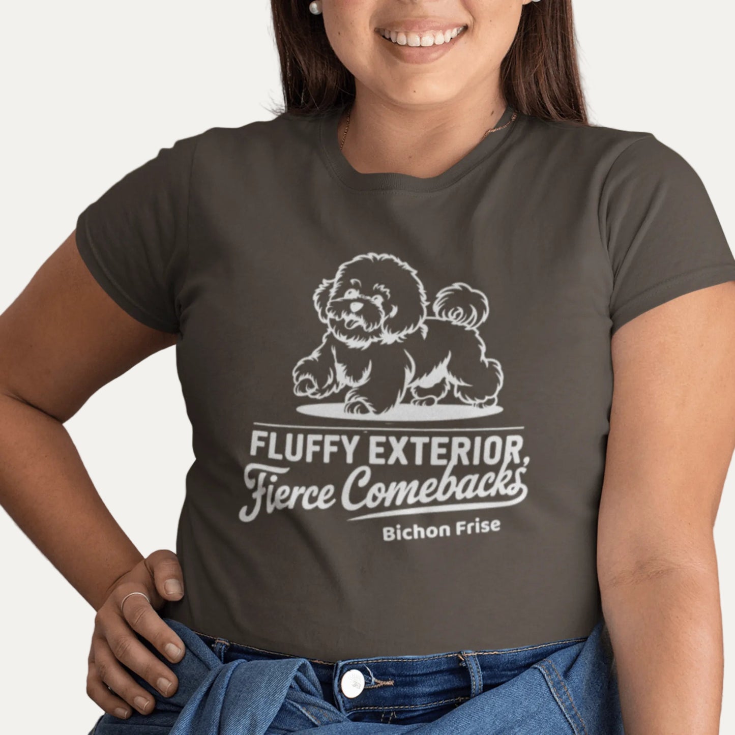 "Unisex white T-shirt with a cute Bichon Frise dog illustration and sarcastic white text 'Fluffy Exterior, Fierce Comebacks'. Unique dog-themed design perfect for Bichon owners and dog lovers. Stylish and witty casual wear."