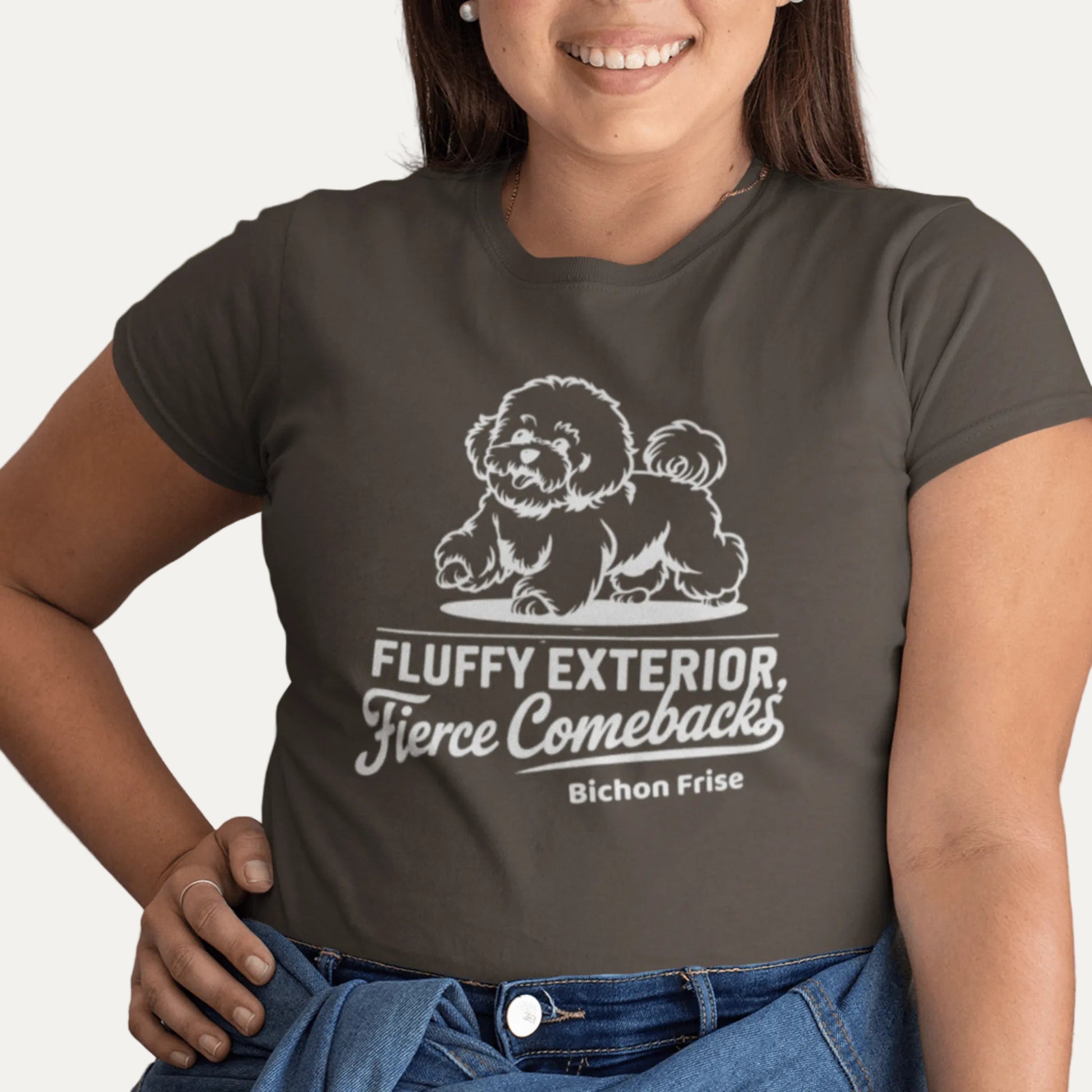 "Unisex white T-shirt with a cute Bichon Frise dog illustration and sarcastic white text 'Fluffy Exterior, Fierce Comebacks'. Unique dog-themed design perfect for Bichon owners and dog lovers. Stylish and witty casual wear."