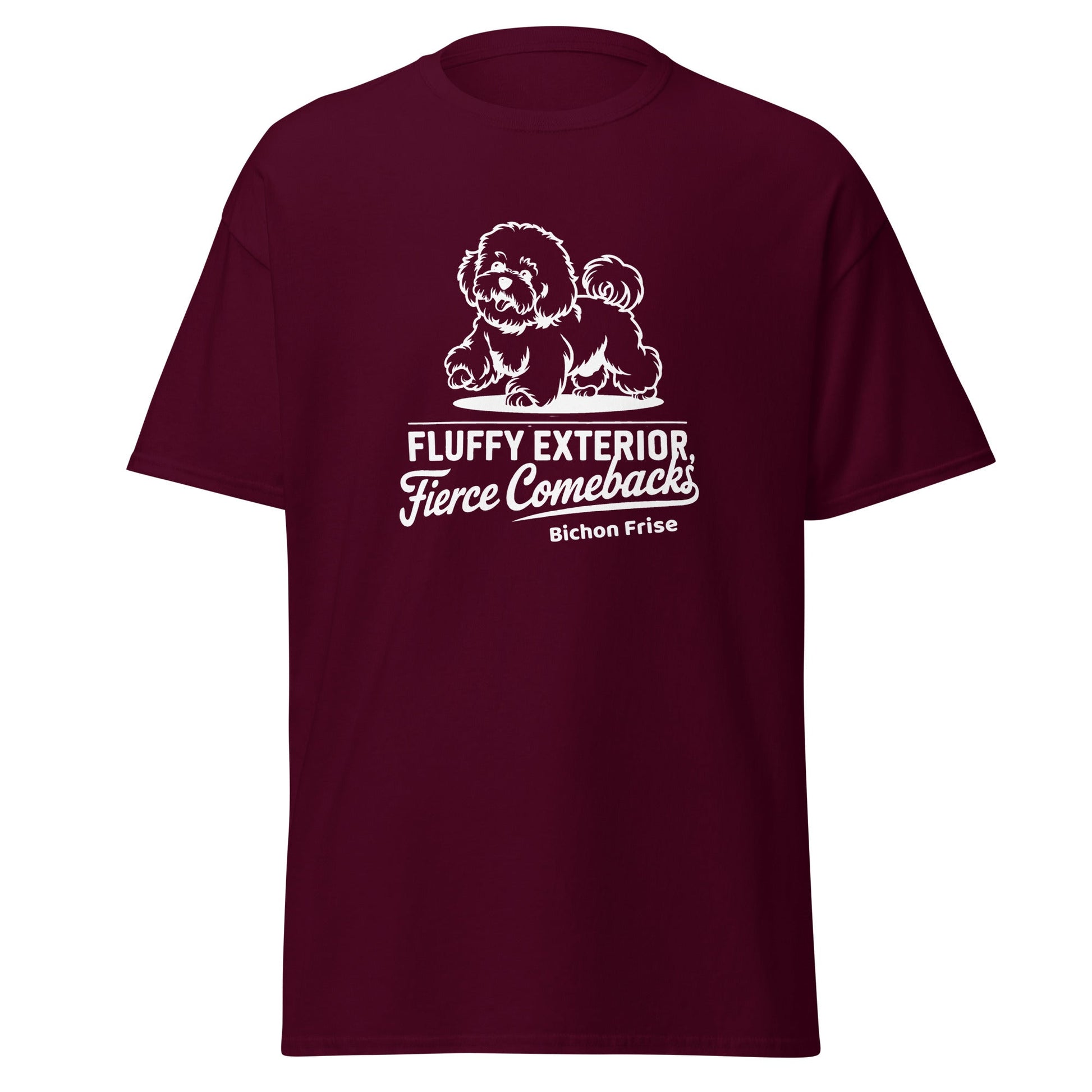 "Unisex white T-shirt with a cute Bichon Frise dog illustration and sarcastic white text 'Fluffy Exterior, Fierce Comebacks'. Unique dog-themed design perfect for Bichon owners and dog lovers. Stylish and witty casual wear."