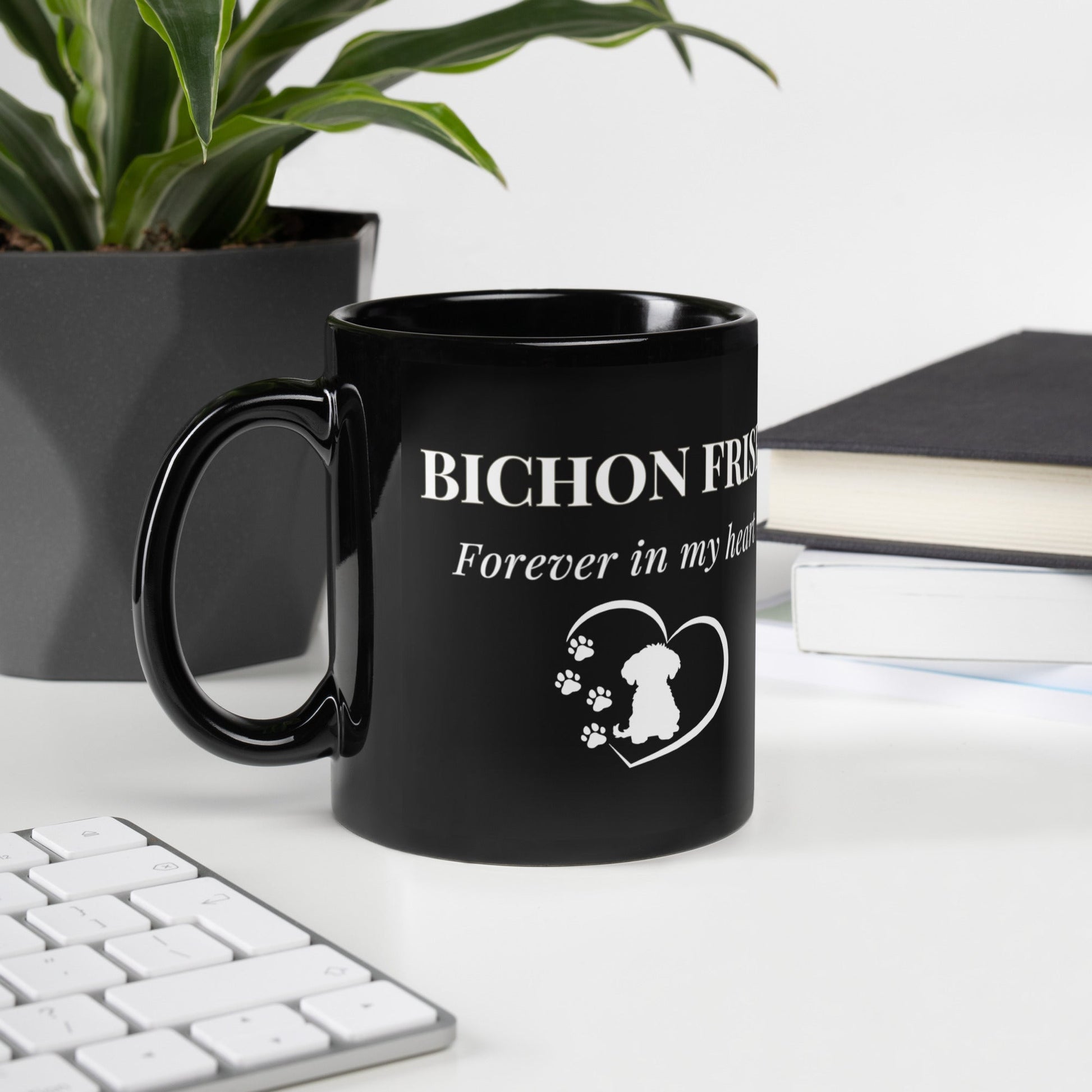 “Forever In My Heart” black glossy mug with white lettering and heart design, perfect Valentine's Day gift for Bichon Frise dog lovers or anyone who cherishes dogs and love – unique, romantic, and stylish ceramic cup.
