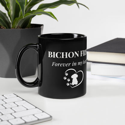 “Forever In My Heart” black glossy mug with white lettering and heart design, perfect Valentine's Day gift for Bichon Frise dog lovers or anyone who cherishes dogs and love – unique, romantic, and stylish ceramic cup.