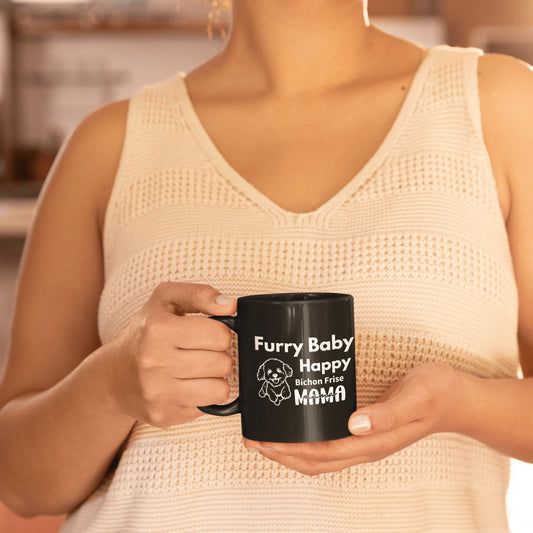 "Unique black glossy coffee mug with white 'Furry Baby, Happy Bichon Frise Mama' text – ideal Mother's Day gift for Bichon Frise owners and dog moms, featuring a cute Bichon dog design full of love."