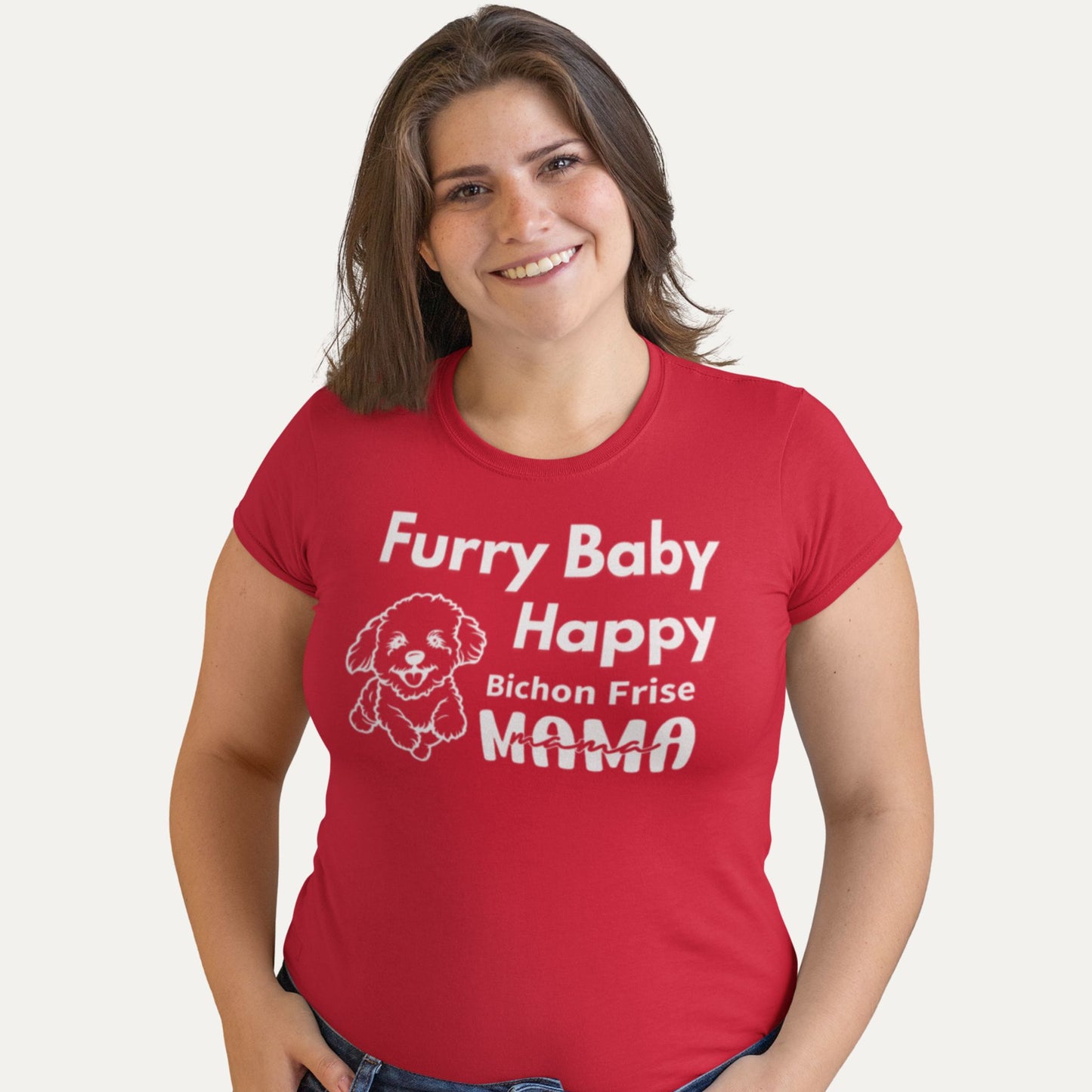 Furry Baby Happy Bichon Frise Mama T-shirt in red – Cute and funny dog mom design, perfect gift for Bichon lovers.