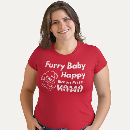 Furry Baby Happy Bichon Frise Mama T-shirt in red – Cute and funny dog mom design, perfect gift for Bichon lovers.
