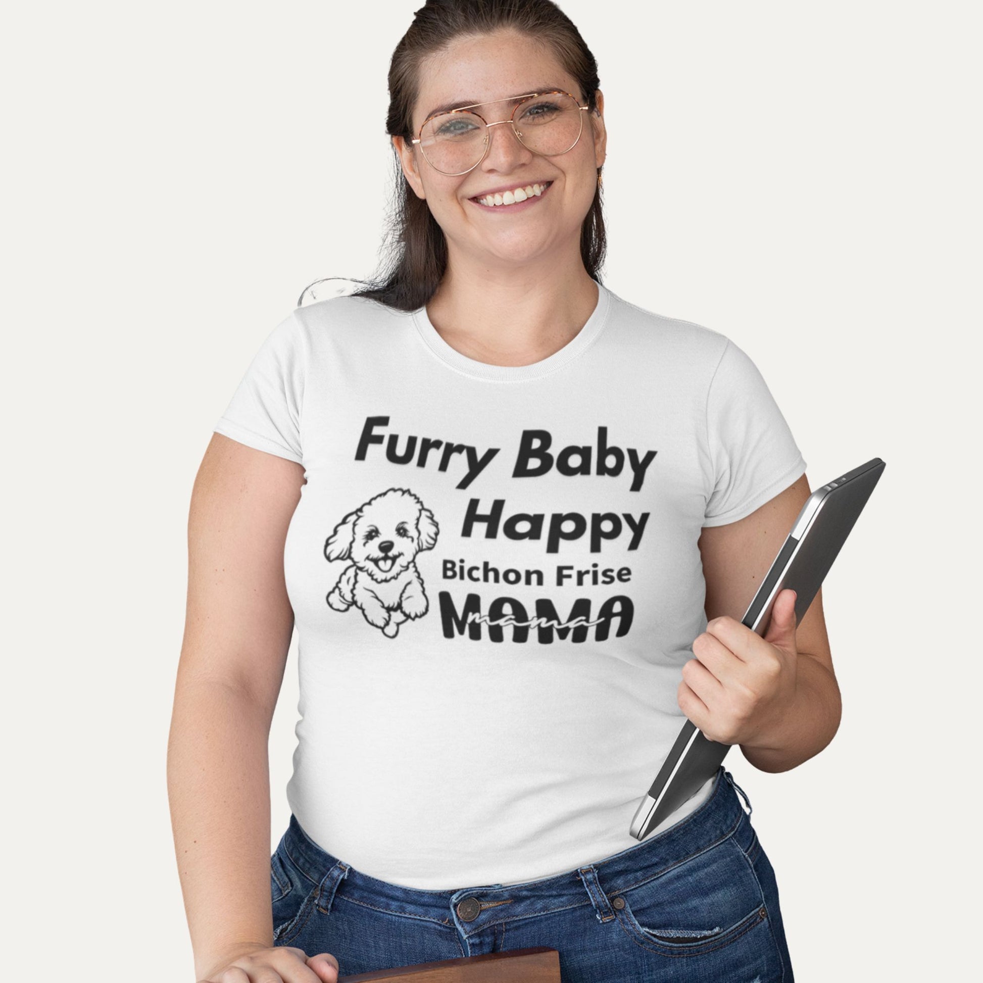 Furry Baby Happy Bichon Frise Mama T-shirt in white – Cute dog mom design, perfect gift for proud Bichon lovers.