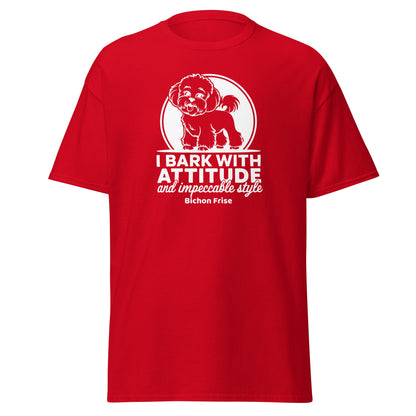 “Funny unisex t-shirt with white sarcastic quote ‘I Bark With Attitude And Impeccable Style’, featuring a white Bichon Frise dog illustration, perfect for Bichon Frise lovers and friends.”