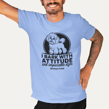 Funny unisex t-shirt with the quote "I Bark With Attitude And Impeccable Style", featuring a stylish Bichon Frise dog illustration — perfect gift for dog lovers and Bichon Frise fans.