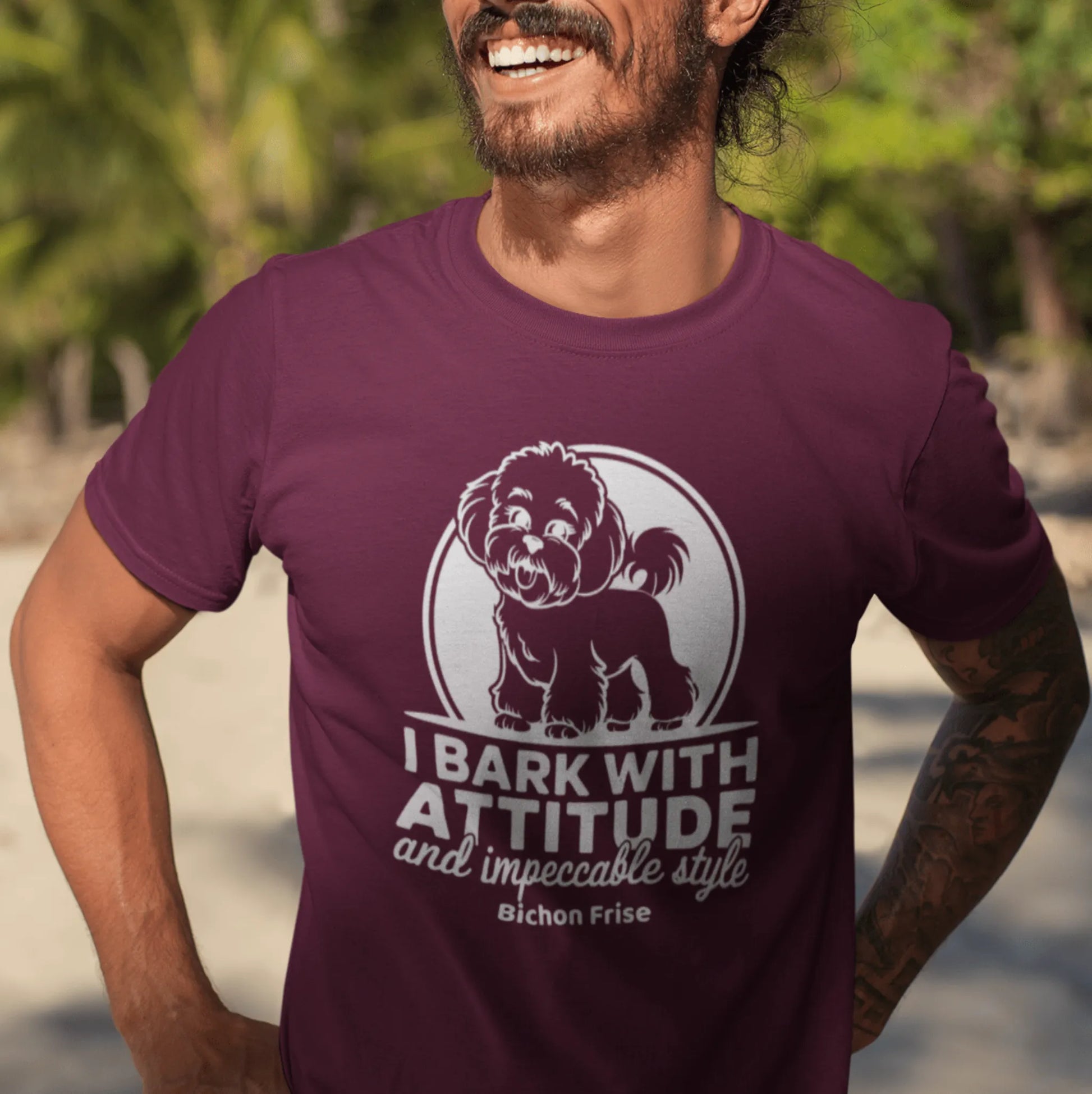 “Funny unisex t-shirt with white sarcastic quote ‘I Bark With Attitude And Impeccable Style’, featuring a white Bichon Frise dog illustration, perfect for Bichon Frise lovers and friends.”