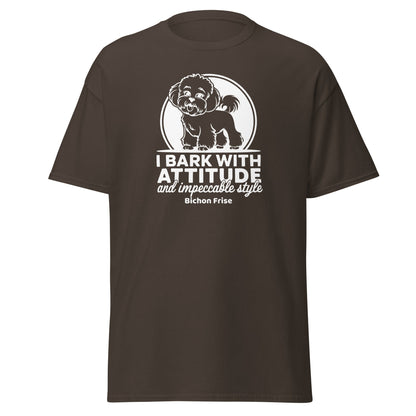 “Funny unisex t-shirt with white sarcastic quote ‘I Bark With Attitude And Impeccable Style’, featuring a white Bichon Frise dog illustration, perfect for Bichon Frise lovers and friends.”
