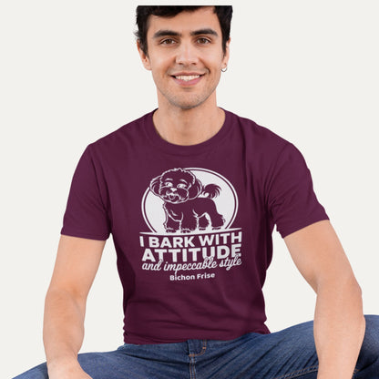 I bark with attitude and impeccable style – Bichon Frise funny dog T-shirt in burgundy, perfect playful gift for dog lovers