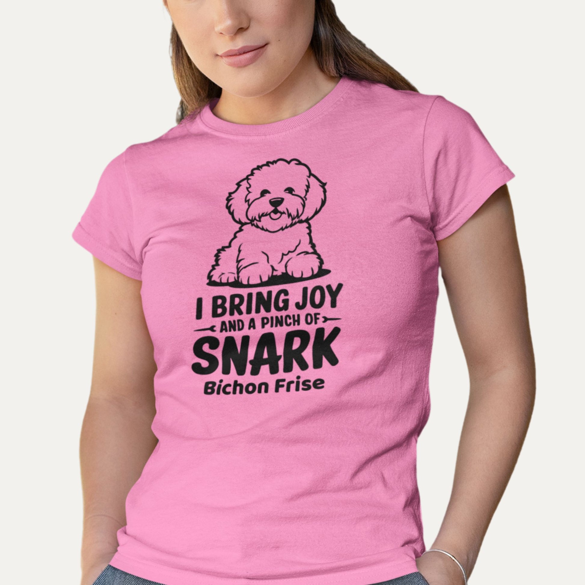I bring joy and a pinch of snark – Bichon Frise funny dog T-shirt in pink, perfect playful gift for dog lovers