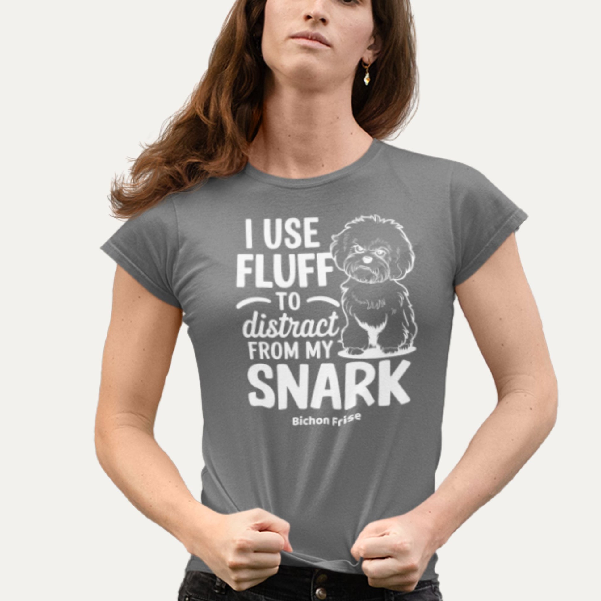 I use fluff to distract from my snark – Bichon Frise funny dog T-shirt in grey, perfect humorous gift for dog moms and Bichon lovers.