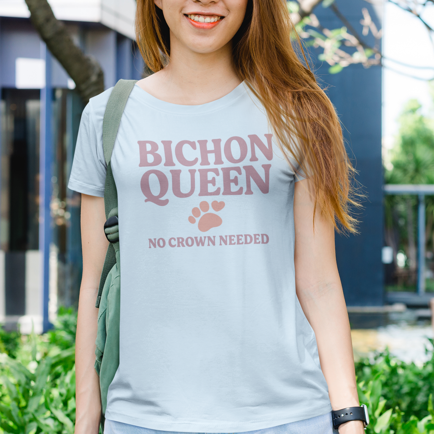 Retro-style design that reads "Bichon Queen – No Crown Needed" in dusty rose text with a cute paw print and heart. Perfect for dog lovers and Bichon Frise fans.