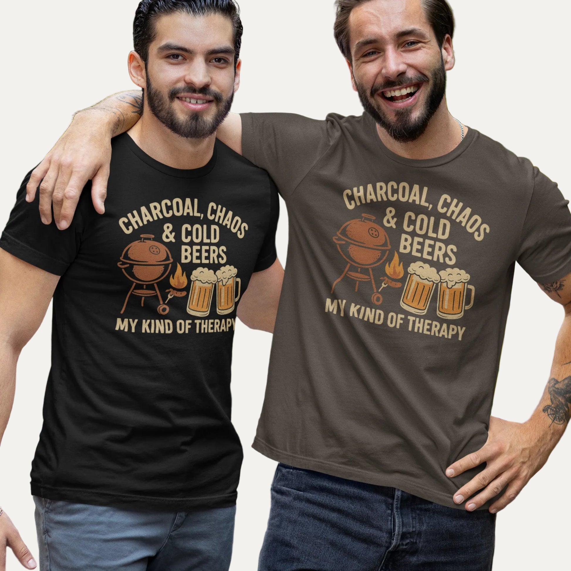 Retro-style graphic design featuring a BBQ grill, two cold beers, flames and the text "Charcoal, Chaos & Cold Beers – My Kind of Therapy" on a vintage Father's Day t-shirt.