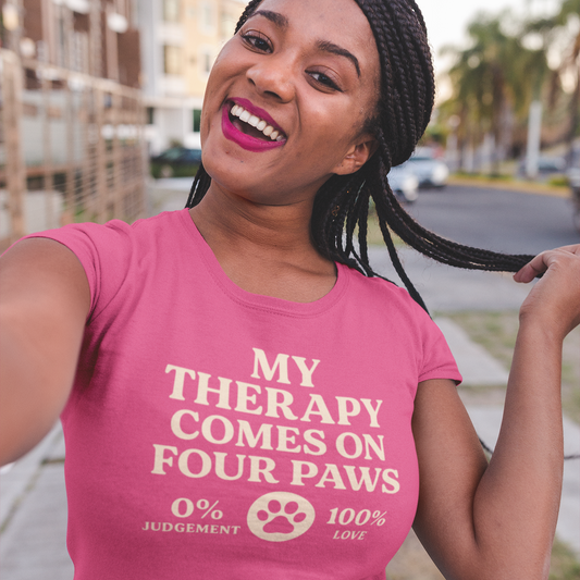Cream retro-style text that reads “My Therapy Comes on Four Paws – 0% Judgement, 100% Love” on a unisex t-shirt for Bichon Frise lovers.

