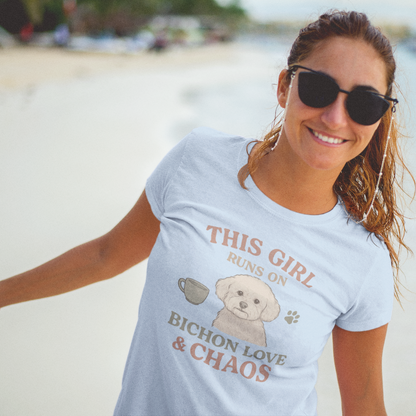 This Girl Runs on Bichon Love & Chaos – Funny Dog Mom T-Shirt for Women