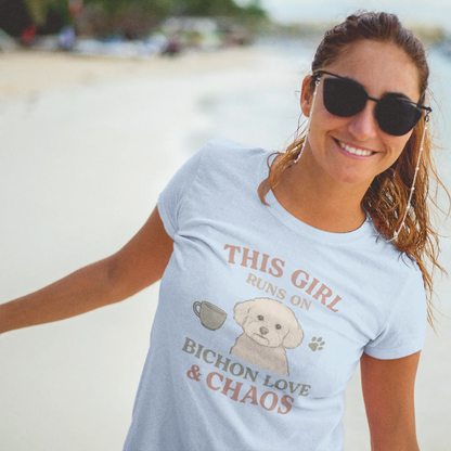 This Girl Runs on Bichon Love & Chaos – Funny Dog Mom T-Shirt for Women
