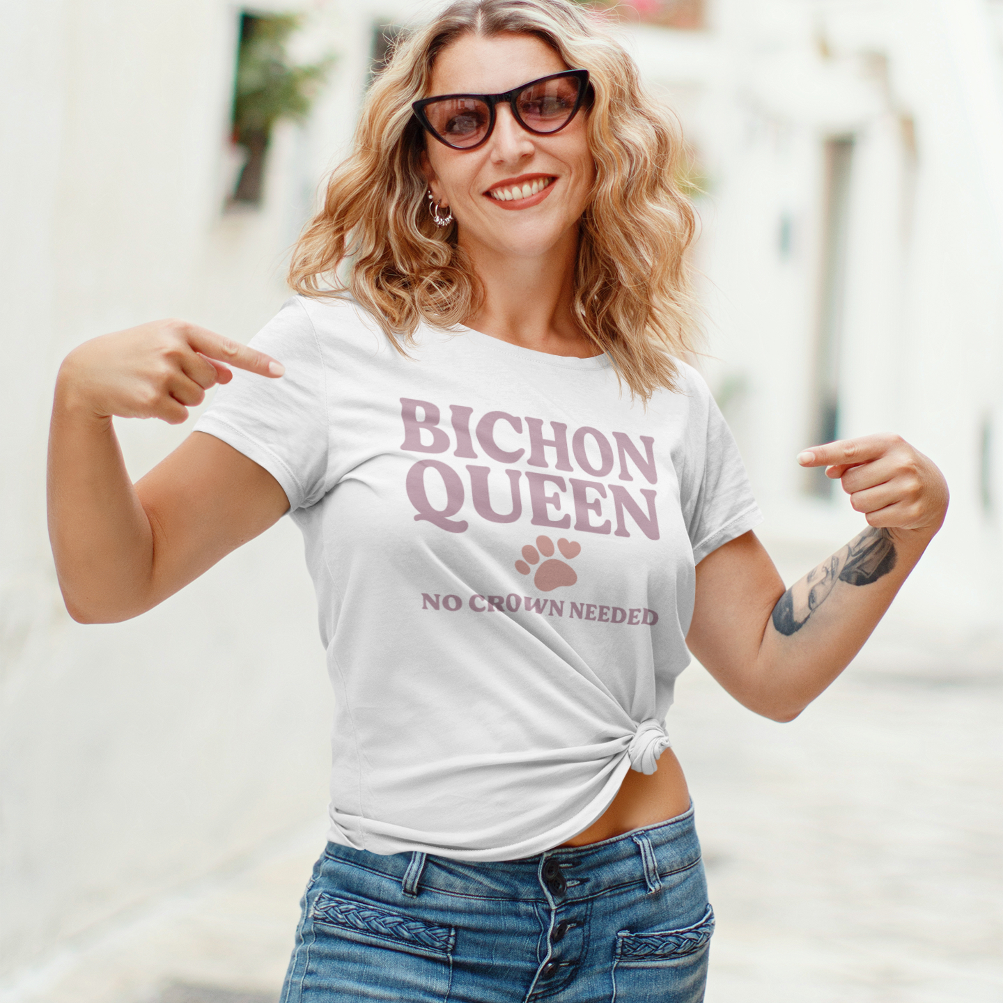 Retro-style design that reads "Bichon Queen – No Crown Needed" in dusty rose text with a cute paw print and heart. Perfect for dog lovers and Bichon Frise fans.
