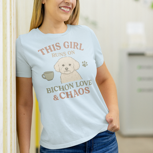 This Girl Runs on Bichon Love & Chaos – Funny Dog Mom T-Shirt for Women