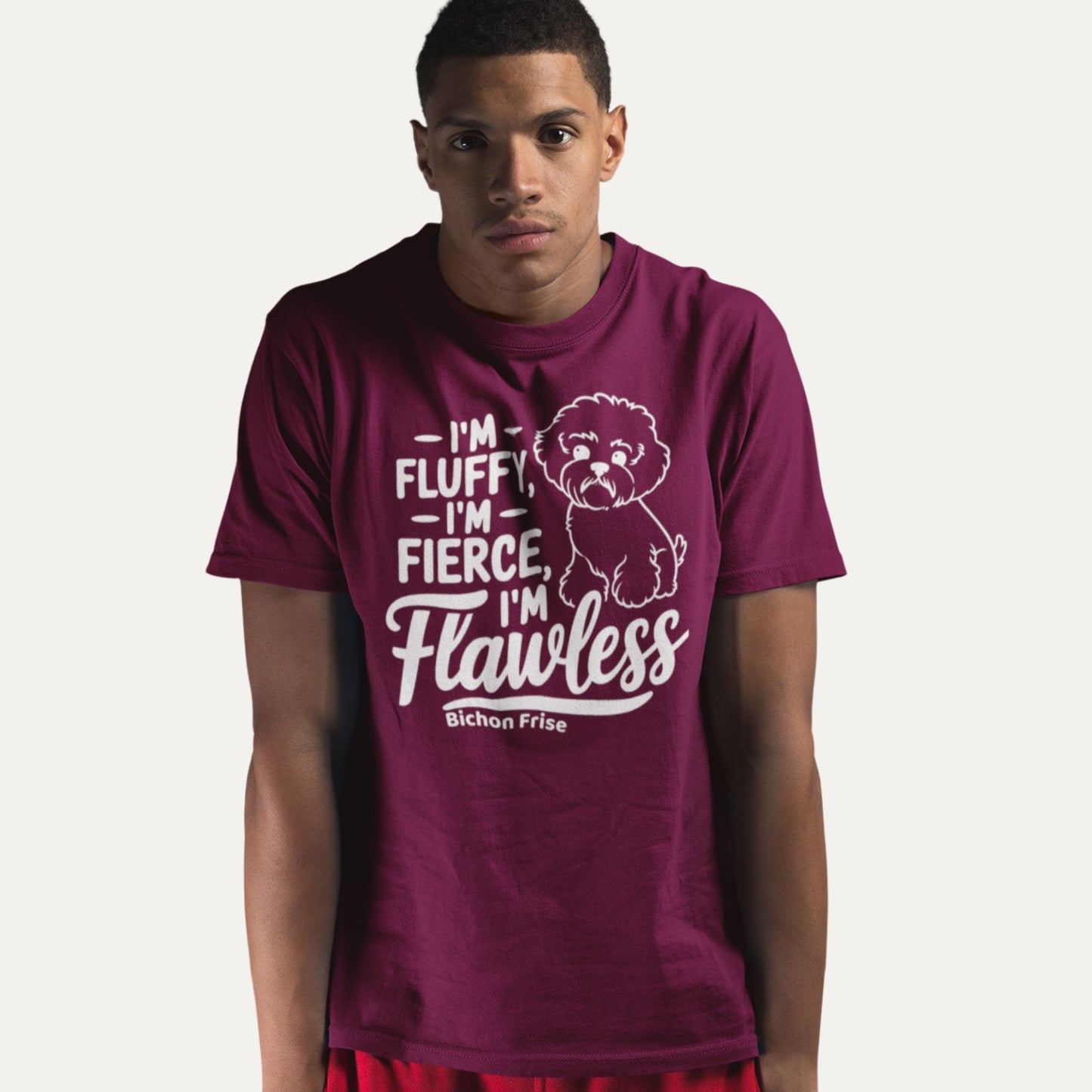 I'm fluffy, I'm fierce, I'm flawless – Bichon Frise funny dog T-shirt in burgundy, perfect gift for dog lovers with attitude