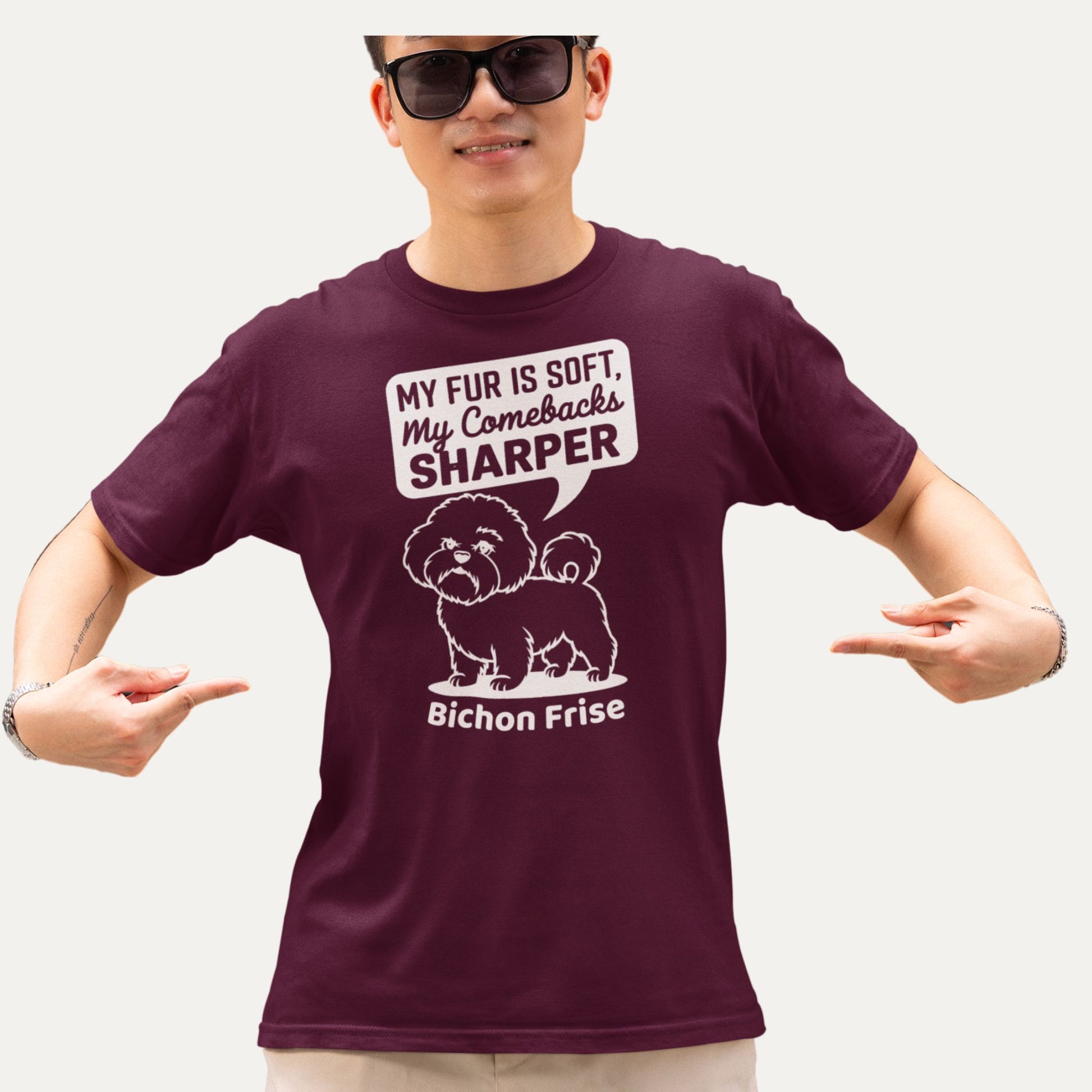 My fur is soft, my comebacks sharper – Bichon Frise funny dog T-shirt in burgundy, perfect gift for dog lovers with a sense of humor