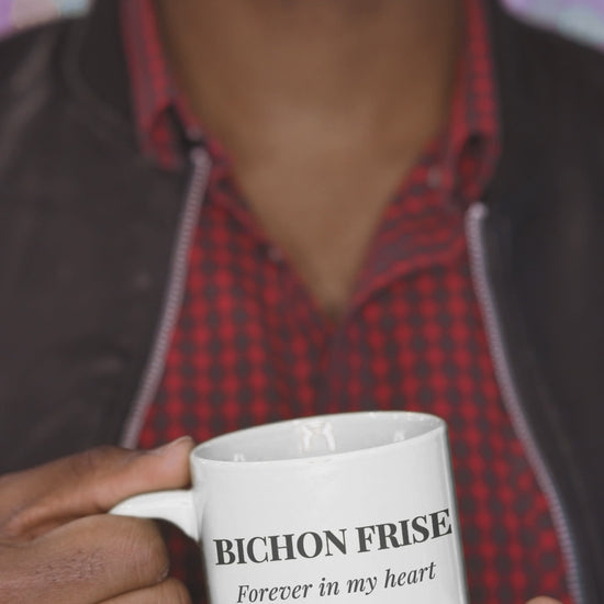 “Forever In My Heart” white glossy mug featuring a heartwarming Bichon Frise dog and heart design in black print – perfect Valentine’s Day gift for Bichon lovers and dog moms.
Video
