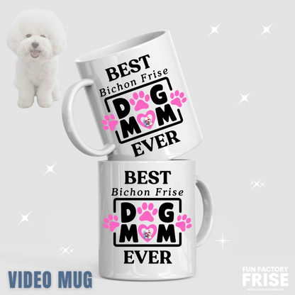 "White glossy mug with black 'Best Bichon Mom Ever' text and paw print design – perfect Mother's Day gift for Bichon Frise dog owners."
Video
