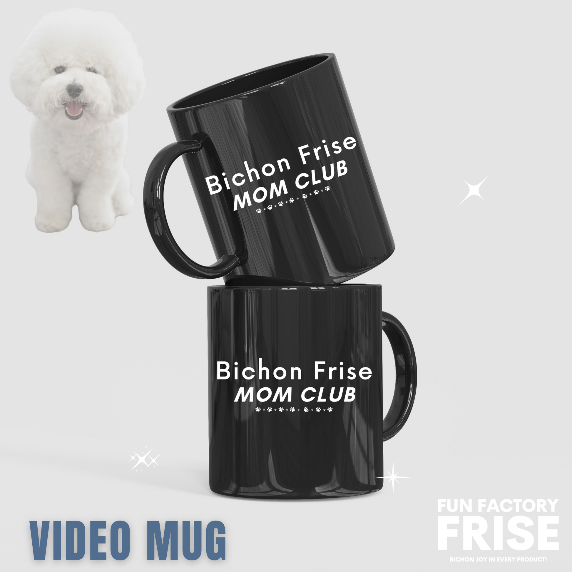"Black glossy mug with white 'Bichon Frise Mom Club' text – perfect Mother's Day gift for Bichon Frise dog owners, unique and festive design."
Video