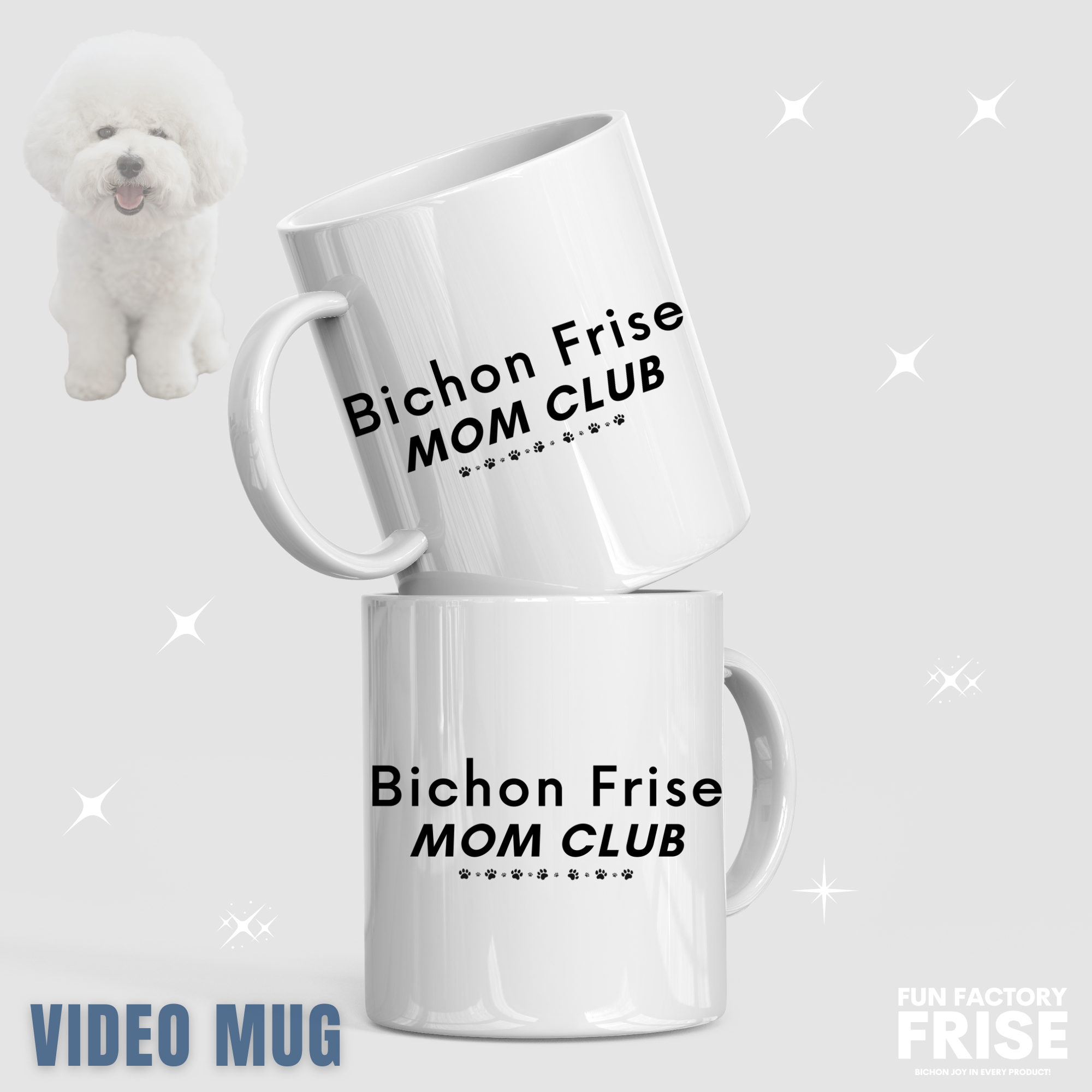 "White glossy mug with black 'Bichon Frise Mom Club' text and paw print design – perfect Mother's Day gift for Bichon Frise dog owners and pet lovers."
Video