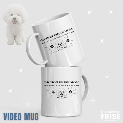 "White glossy mug with 'Bichon Mom: 24/7 Love, Cuddles & Dog Hair' text, black paw print design and cute dog illustration – perfect Mother’s Day gift for Bichon Frise dog owners"
Video