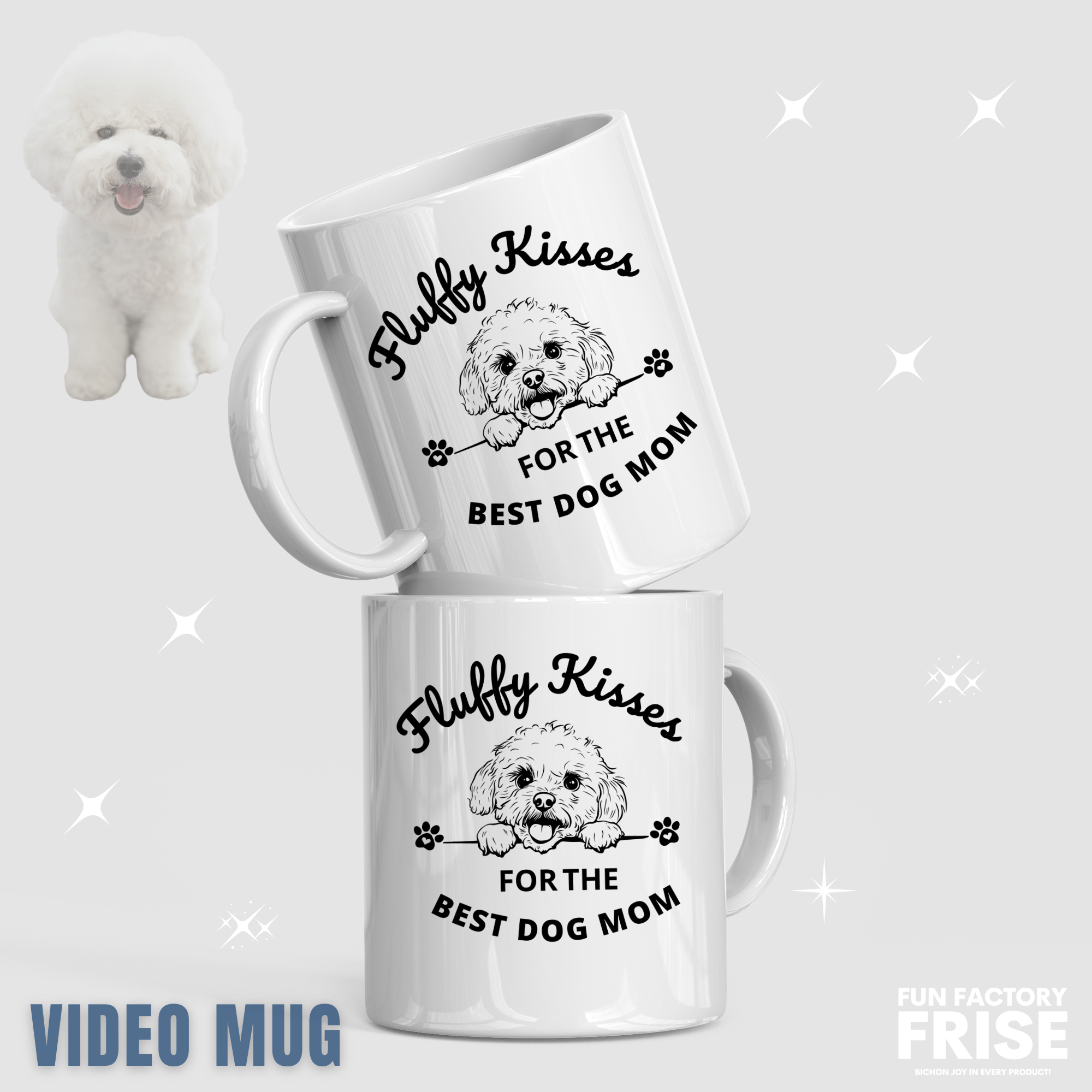 "White glossy mug with black text 'Fluffy Kisses for the Best Dog Mom' – unique, happy, and loving Mother's Day gift featuring a cute dog design, perfect for Bichon Frise owners and all dog moms."
Video