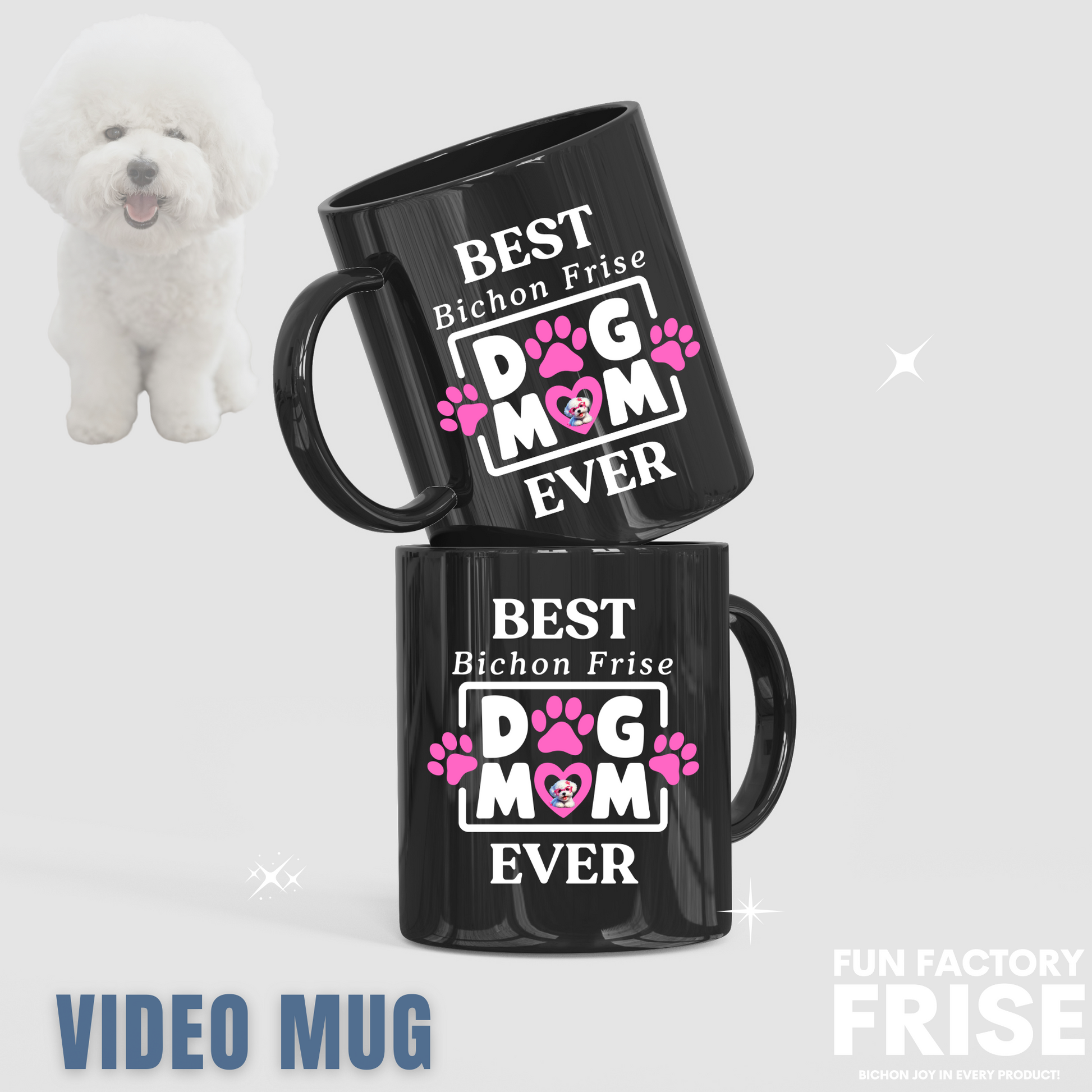 "Black glossy mug with colorful 'Best Bichon Mom Ever' text design – perfect gift for Bichon Frise dog lovers and proud dog moms"