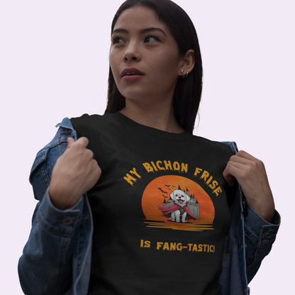Halloween-themed video of a woman in gothic makeup wearing a black T-shirt featuring a Bichon Frise vampire design with the text “My Bichon Frise is Fang-tastic!” — perfect for spooky season pet lovers.