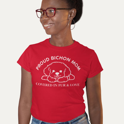 Proud Bichon Mom T-shirt in red – Covered in fur and love design, perfect gift for dog moms and Bichon Frise lovers.