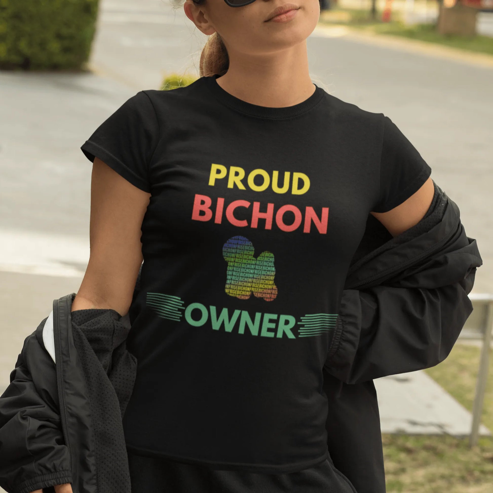 "Colorful and funny unisex Bichon Frise dog owner T-shirt – unique graphic tee for proud Bichon Frise lovers and pet parents."
