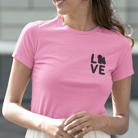 “Unisex black-lettered 'Bichon Frise Love' T-shirt – romantic Valentine's Day gift for Bichon Frise dog lovers and owners, festive and stylish design for any dog enthusiast.”