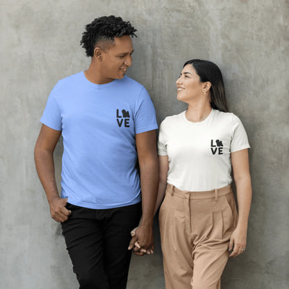 “Unisex black-lettered 'Bichon Frise Love' T-shirt – romantic Valentine's Day gift for Bichon Frise dog lovers and owners, festive and stylish design for any dog enthusiast.”