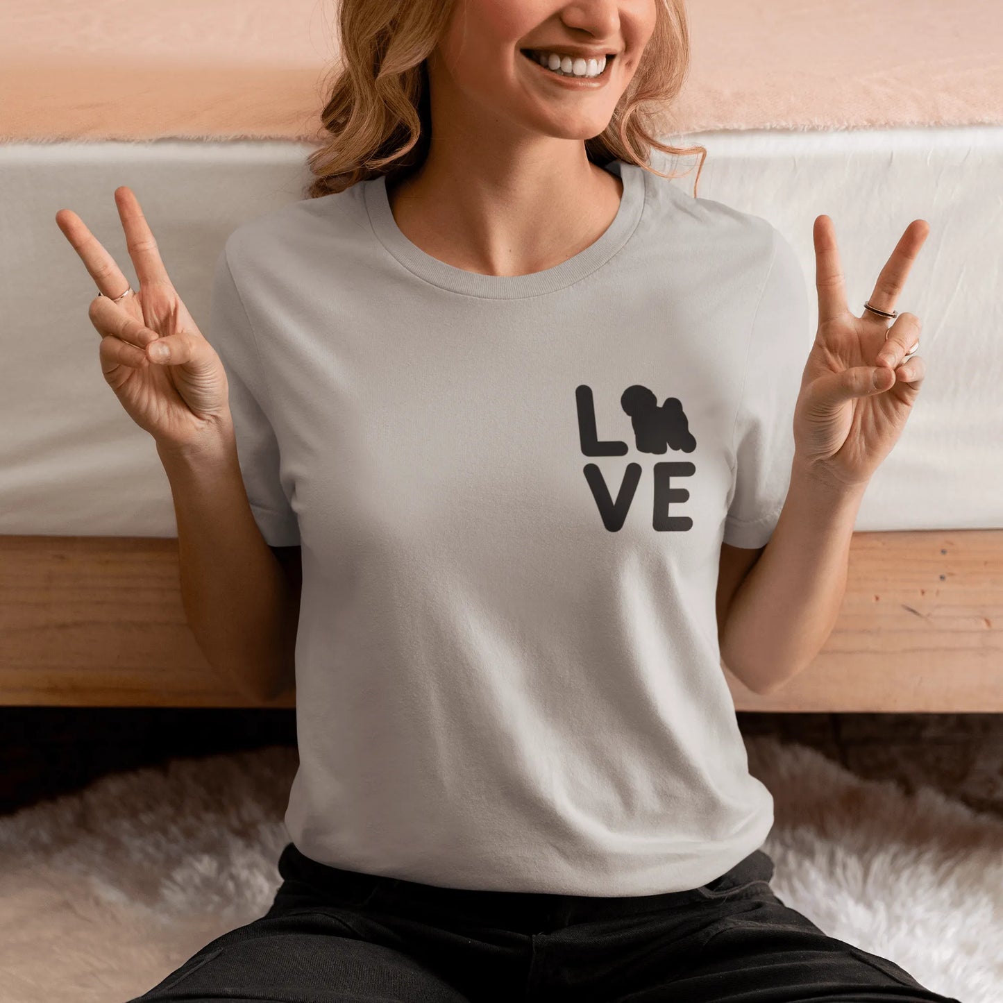 “Unisex black-lettered 'Bichon Frise Love' T-shirt – romantic Valentine's Day gift for Bichon Frise dog lovers and owners, festive and stylish design for any dog enthusiast.”