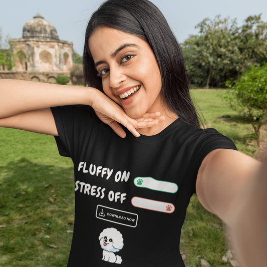 "Fluffy On, Stress Off" unisex T-shirt featuring a cheerful white Bichon Frise illustration and bold white text – perfect for dog lovers and Bichon enthusiasts alike. Fun, lighthearted design on a comfortable tee.