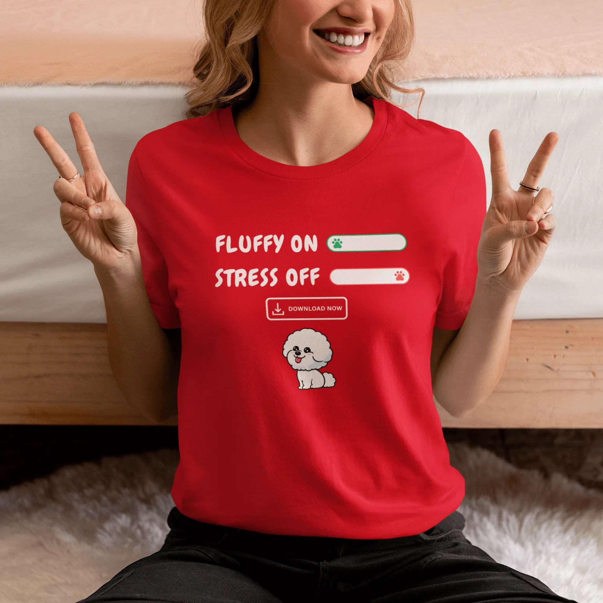 "Fluffy On, Stress Off" unisex T-shirt featuring a cheerful white Bichon Frise illustration and bold white text – perfect for dog lovers and Bichon enthusiasts alike. Fun, lighthearted design on a comfortable tee.