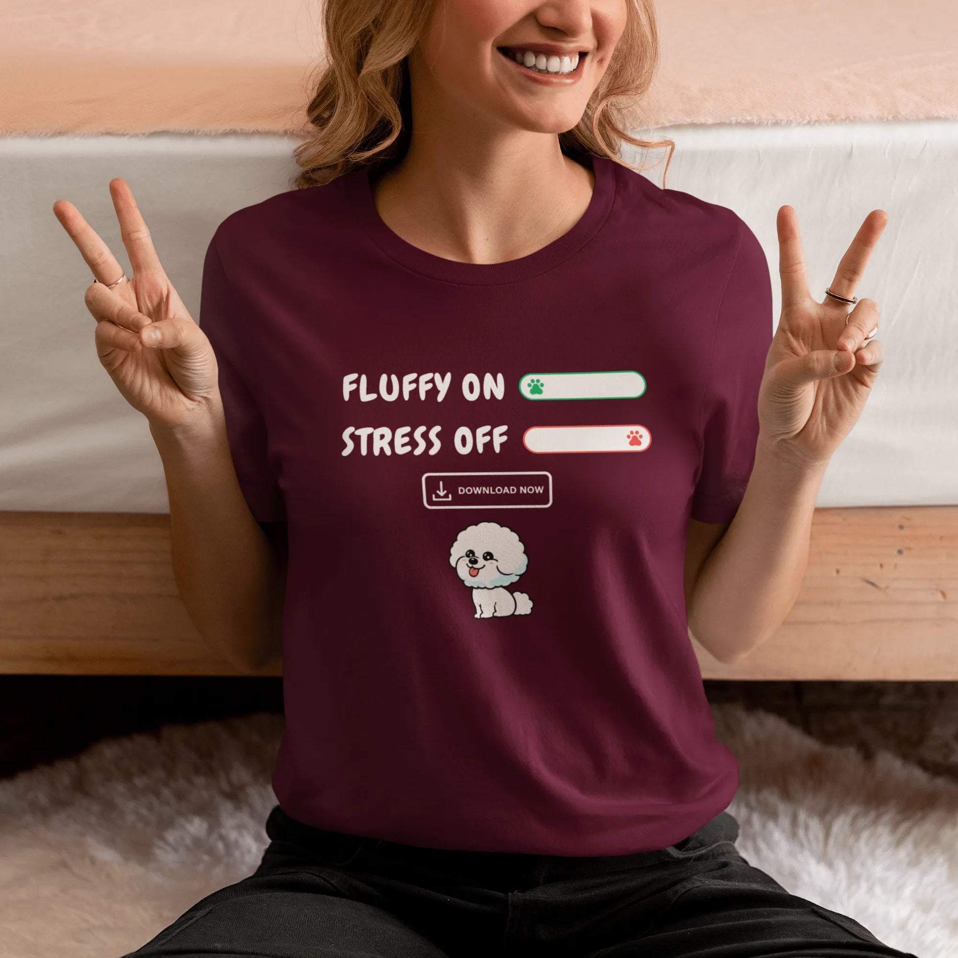 "Fluffy On, Stress Off" unisex T-shirt featuring a cheerful white Bichon Frise illustration and bold white text – perfect for dog lovers and Bichon enthusiasts alike. Fun, lighthearted design on a comfortable tee.