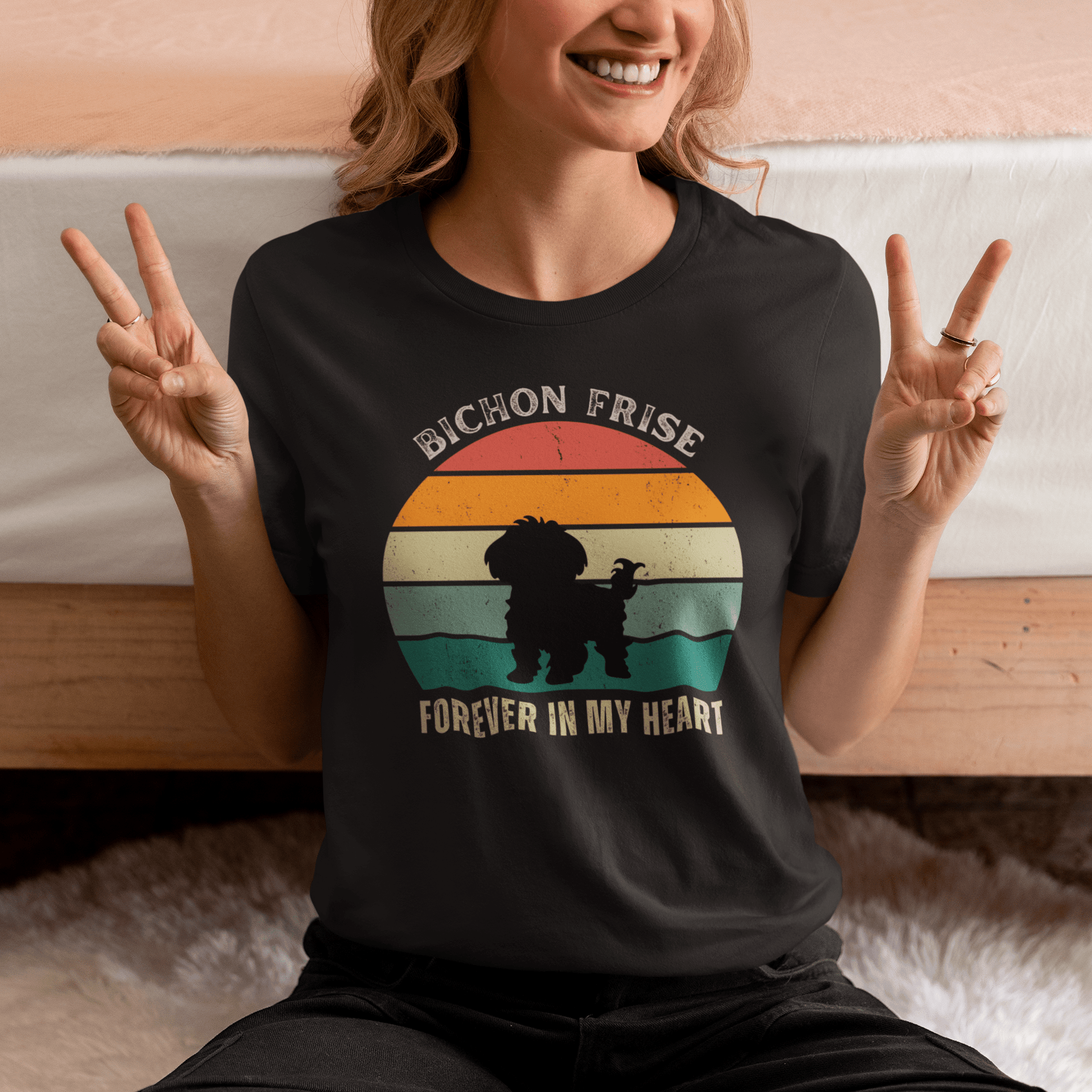 "Forever In My Heart funny unisex t-shirt with cute Bichon Frise dog illustration, heartfelt and playful design for dog lovers, perfect gift for Bichon owners"