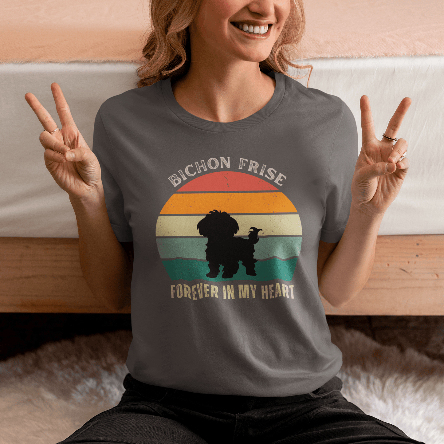 "Forever In My Heart funny unisex t-shirt with cute Bichon Frise dog illustration, heartfelt and playful design for dog lovers, perfect gift for Bichon owners"