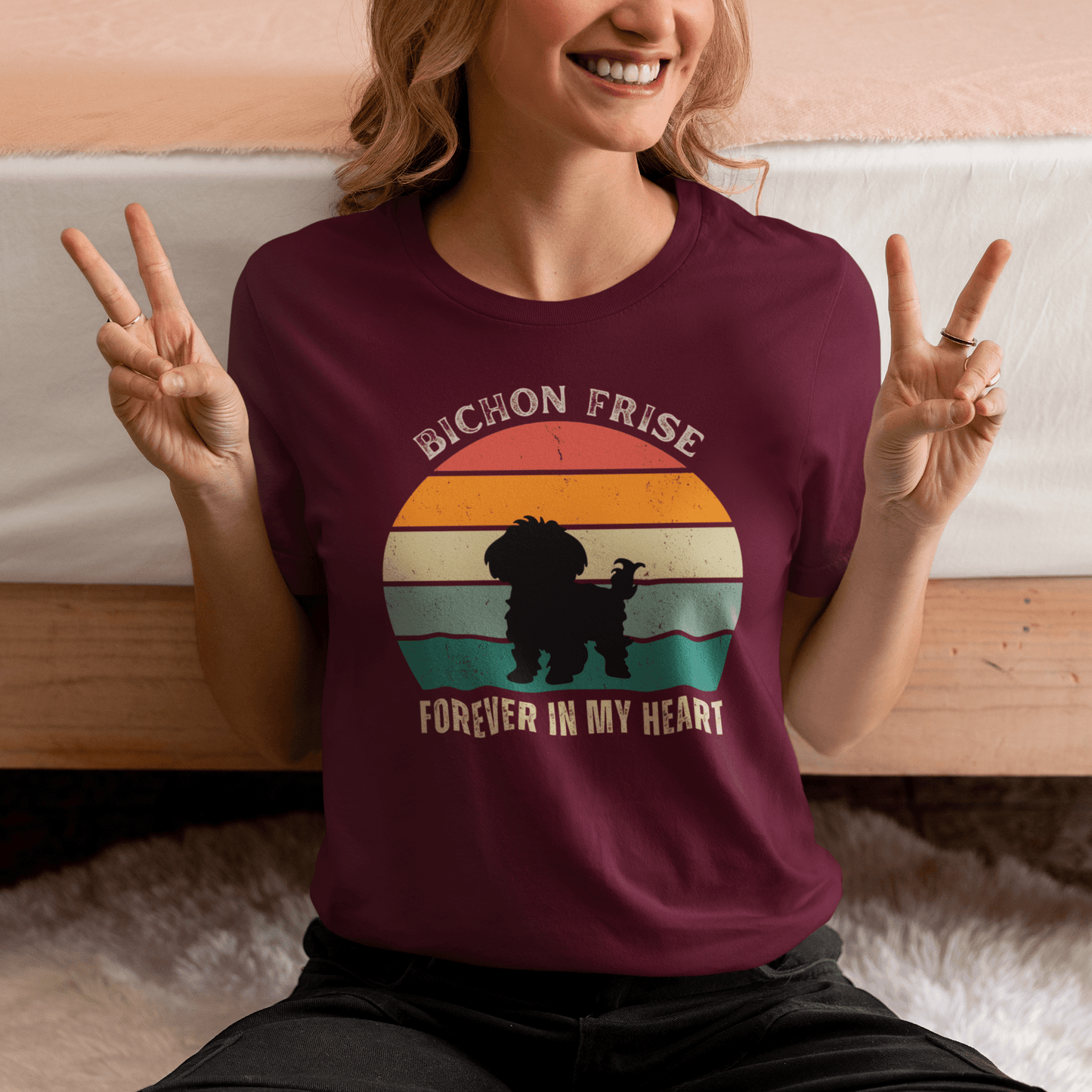 "Forever In My Heart funny unisex t-shirt with cute Bichon Frise dog illustration, heartfelt and playful design for dog lovers, perfect gift for Bichon owners"