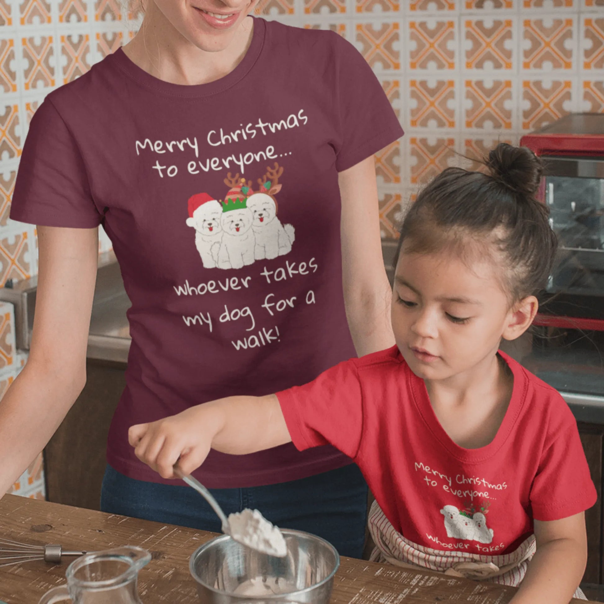 Unisex Bichon Frise T-Shirt for Dog Owners:" Merry Christmas to everyone... whoever takes my dog for a walk!"