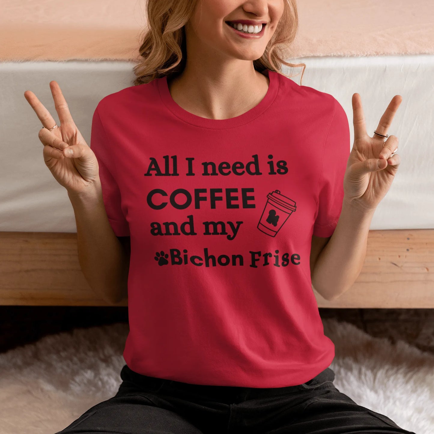 Black unisex T-shirt with "All I need is coffee and my Bichon" design – perfect for Bichon Frise dog owners and coffee lovers.
